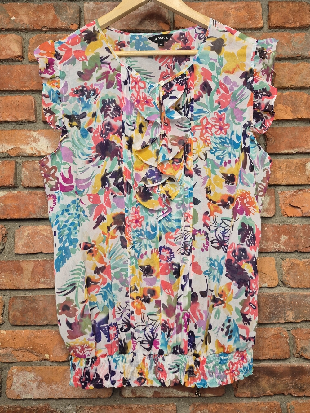 Jessica Floral Ruffle Blouse Size 18 Sheer Flutter Sleeve Smocked Hem